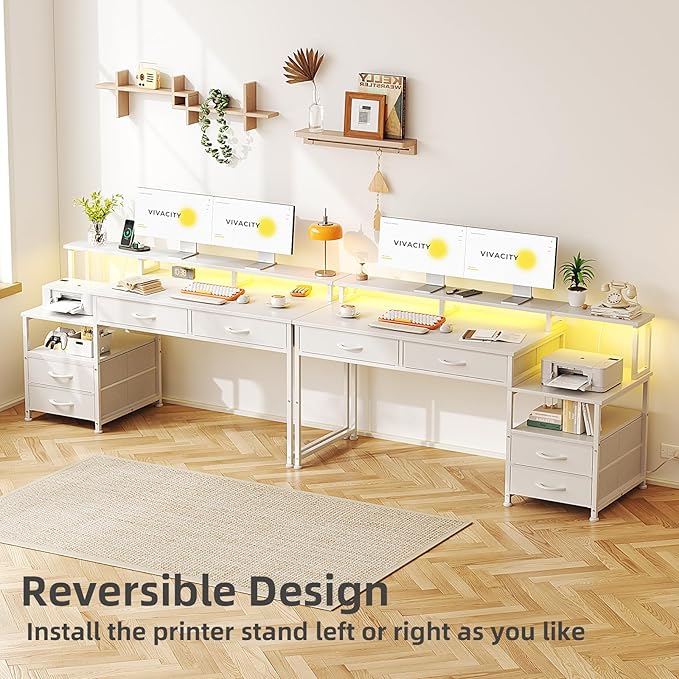53" Computer Desk with 4 Drawers & Power Outlets, Reversible Home Office Desk with Monitor Stand & Printer Stand, Gaming Desk with Led Lights, Study Writing Work Desk Table for Bedroom (White)