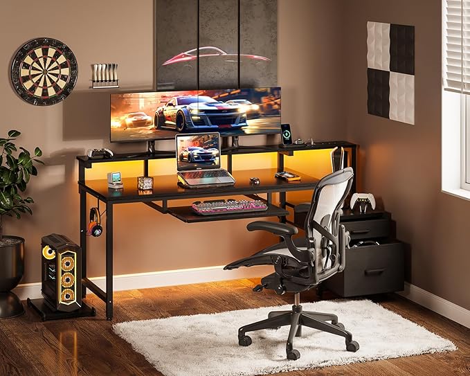 AODK Computer Desk with Drawers and Keyboard Tray, 63" Office Desk with Power Outlet and LED Lights, Reversible Study Work Desk with Printer Shelf and PC Stand for Home Office, Black