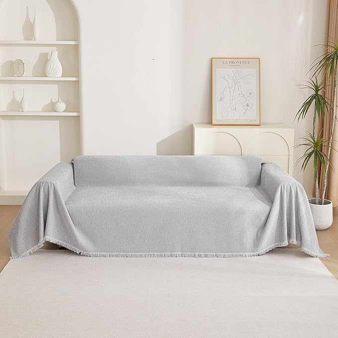 MYSKY HOME Sofa Cover for Dogs, Washable Boho Couch Cover Blanket, Thick Durable Tassel Water Resistant Furniture Protector, 71"x 118", Light Grey