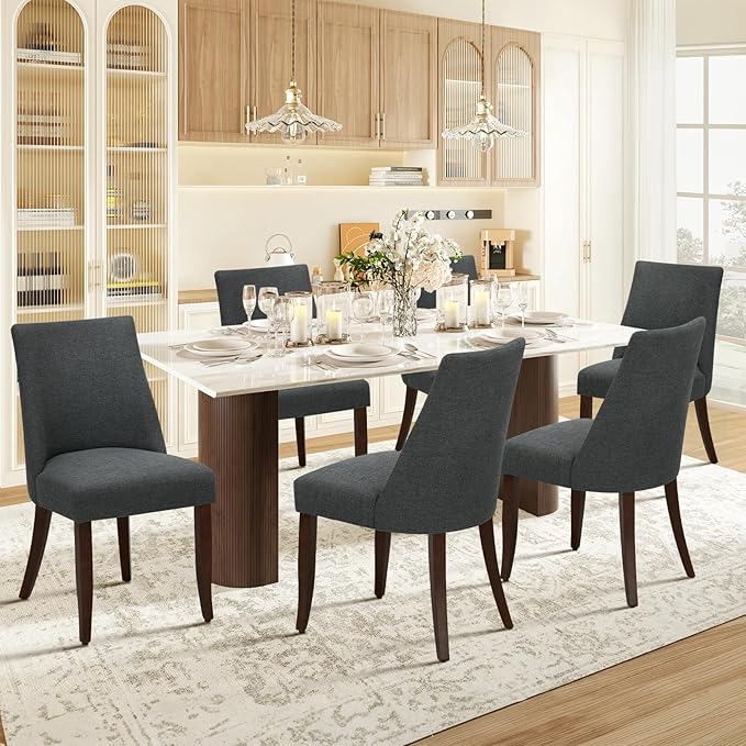 COLAMY Upholstered Dining Chairs Set of 2, Mid Century Modern Kitchen Chairs with Back, Farmhouse Fabric Side Dining Room Chairs with Wood Legs for Dining Room Restaurant, Dark Grey