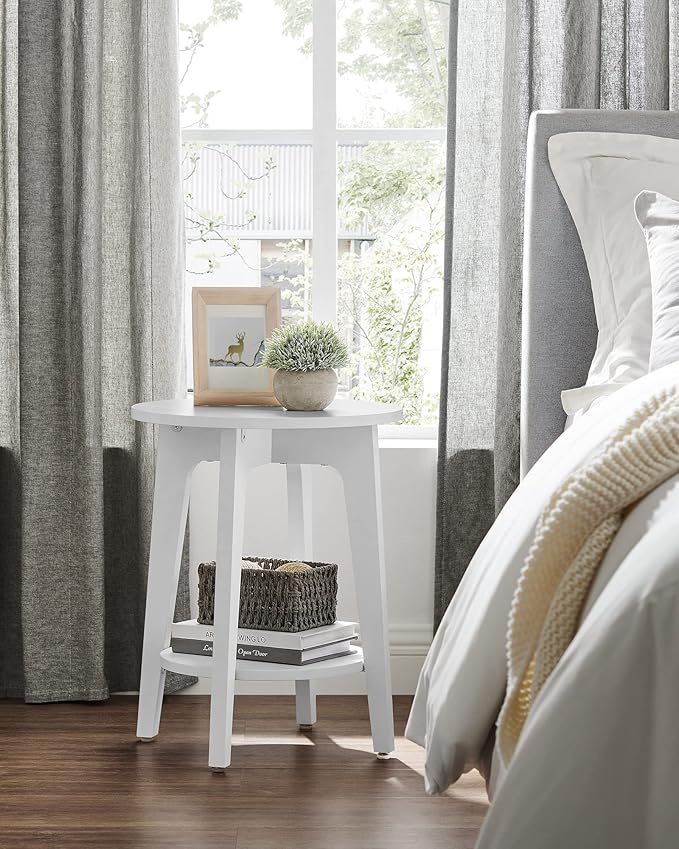 VASAGLE Side Table, Small Round End Table with Lower Shelf, Nightstand for Small Spaces, Living Room, Bedroom, White ULET283T14