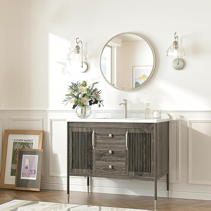 TokeShimi 16 in Round Bathroom Vanity Mirror Framed Brushed Nickel Bathroom Mirror for Wall Farmhouse, 16x16 Shatterproof Circle Bathroom Mirrored for Living Room, Bedroom, Entryway, Restroom