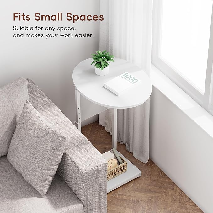 Vagusicc C Shaped End Table, Adjustable Height Small Side Table for Couch and Recliner, 32" Tall Couch Side Table Slide Under Sofa Tray Desk with Storage Bag for Living Room and Bedroom, White