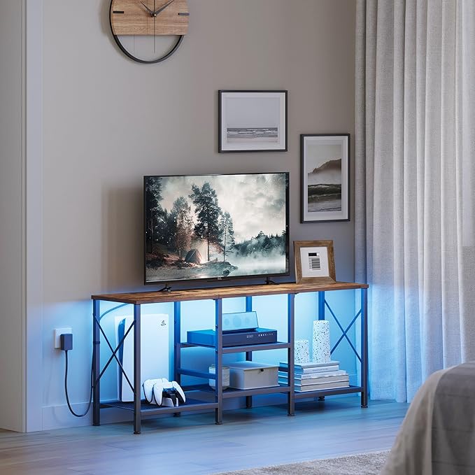 TV Stand with LED Lights for 55 Inch TV, Entertainment Center with 3-Tier Open Shelves, TV Console Table for Living Room, Bedroom, Rustic Brown