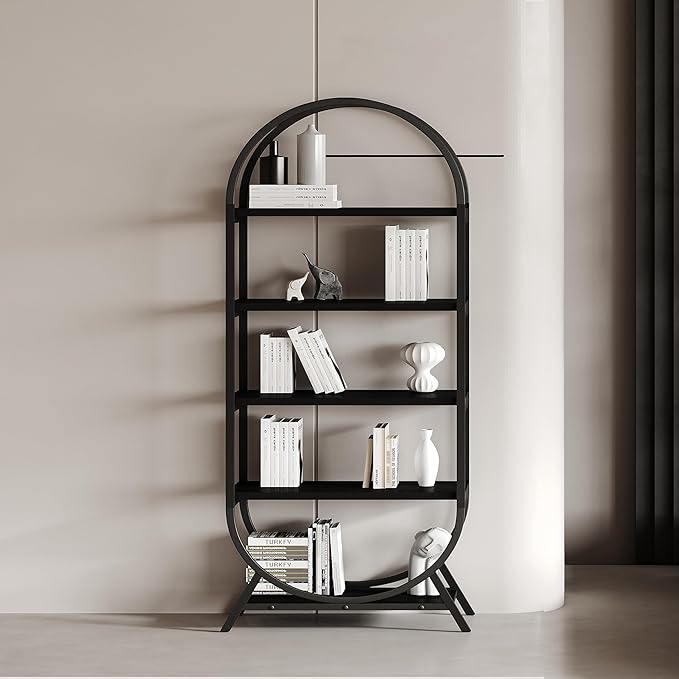 Bookshelf Arched Bookcase Set 2, 5 Tier Open Freestanding Display Shelf for Home Office, Living Room, Black