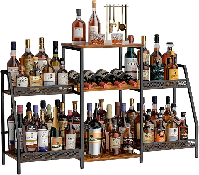 Liquor Cabinet with Fences, Wine Rack Freestanding Floor, 4 Tier Trapezoidal Bar Stand, Expanded Capacity Bar Cabinet for Liquor & Wine Storage