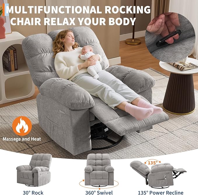 Rocking Recliner Chair with Vibration Massage & Heat, 360° Swivel Oversized Rocker Recliner with Side Pocket for Living Room, Bedroom & Nursery