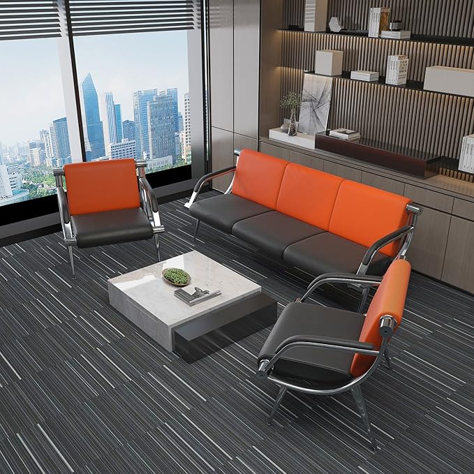 wonline 3 Seat Waiting Room Chair with Armrest PU Leather Office Furniture, Office Guest Seating Lobby Conference Reception Chairs for Airport Clinic Hospital Bank Salon Barber(Orange&Black)