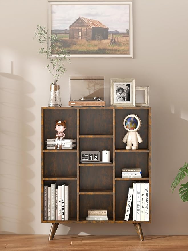 Manora Rustic Brown 10 Cube Mid Century Modern Bookshelf, Wooden Storage Organizer with Open Shelves, Retro Bookcase for Living Room, Bedroom, Home Office