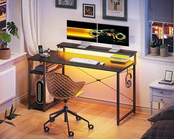 MOTPK 48 Inch Gaming Desk with Storage & Led Lights, Computer Desk with Power Outlet & Shelf, Reversible Gamer Desk with Adjustable Monitor Stand, Carbon Fiber Texture Black