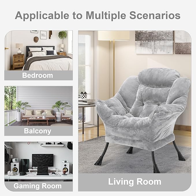 Fabric Lazy Chair for Adults, Oversized Upholstered Sofa Chair, Plush Comfy Lounge Chair with Large Side Storage Pocket, Thick Padded Reading Chair for Living Room, Bedroom, Dorm, Light Gray