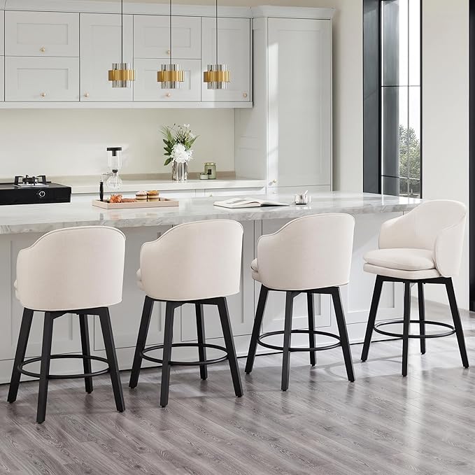 Counter Height Barstools 26 inch Upholstered Swivel Bar Stools with Back and Wood Legs for Kitchen Island,Set of 4,Beige Fabric
