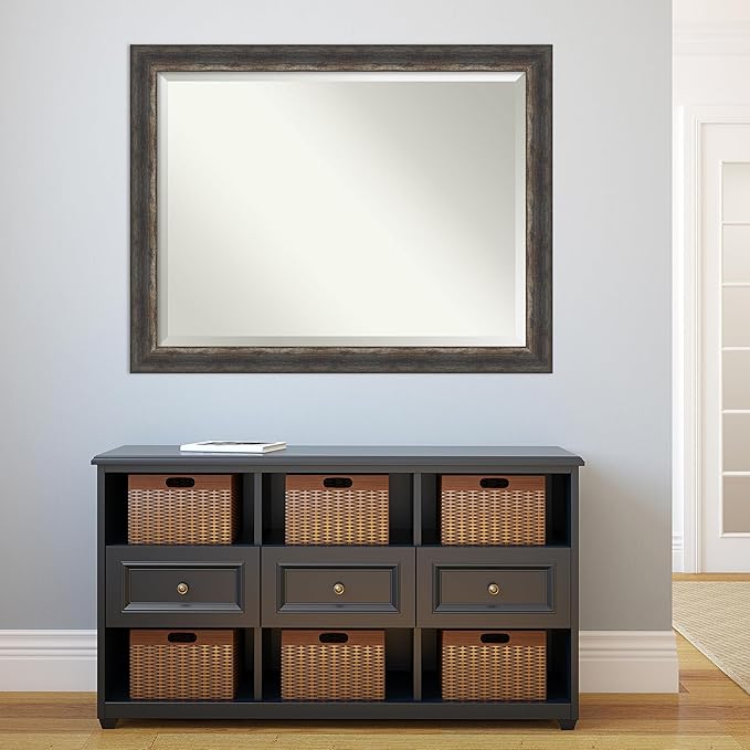 Amanti Art Brown Wall Mirror 35x45 Bark Rustic Char Rectangle Bathroom Mirror for Wall Decor Living Room, X-Large Rustic Farmhouse Frame, Hangs Horizonally and Vertically, Bathroom Decor, Beveled Edge