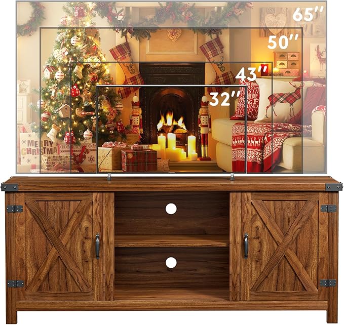 YESHOMY Modern Farmhouse TV Stand with Two Barn Doors and Storage Cabinets for Televisions up to 65+ Inch,Entertainment Center Console Table,Media Furniture for Living Room,58 Inch, Walnut,YH-TS103DWA