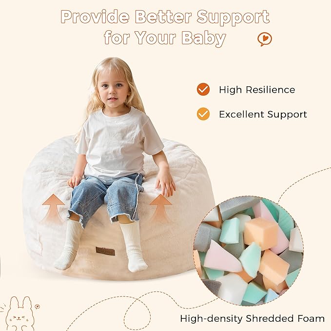 MAXYOYO Kids Bean Bag Chair, Stuffed Faux Fur Bean Bag for Toddler, Ultra Soft Floor Sofa with High-Density Foam Filling, Lazy Chair for Living Room, Playroom, Nursery Room