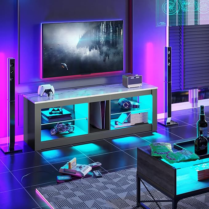 Bestier White Marble TV Stand LED Entertainment Center Gaming TV Stand for 55 Inch TV RGB Television Stand with 2 Adjustable Glass Shelves Xbox PS4 Game Console Cabinet for Living Room