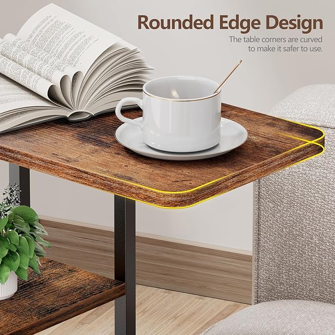 C Shaped End Table with Charging Station, Small Side Table for Couch Recliner, Slide Under Sofa Desk Snack Tables with Storage Bag & AC / USB Outlet, Small Spaces Drink Tables for Living Room, Bedroom