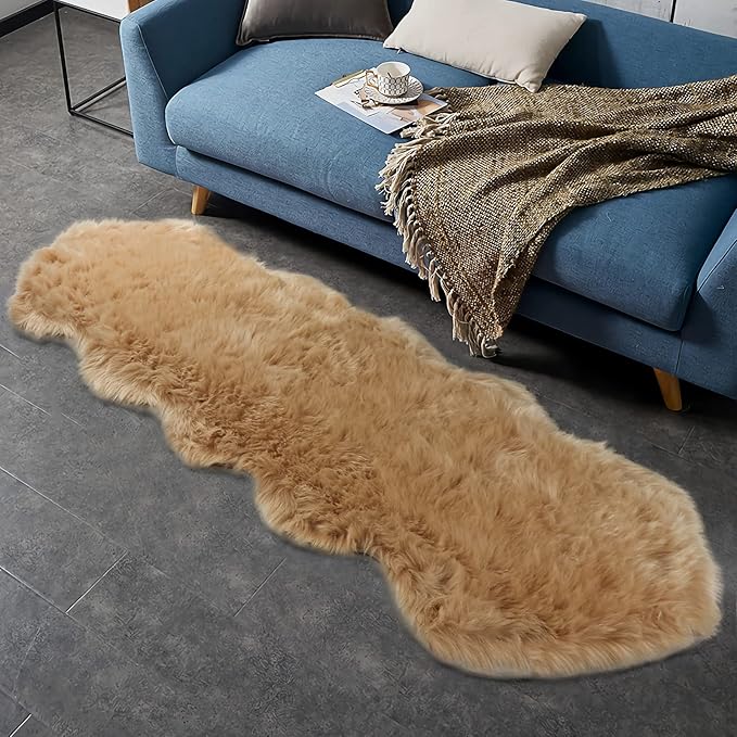 duduta Beige Faux Sheepskin Runner Rugs 2x6 ft, Fluffy Shag Bedroom Rug Fur Sofa Couch Covers Washable