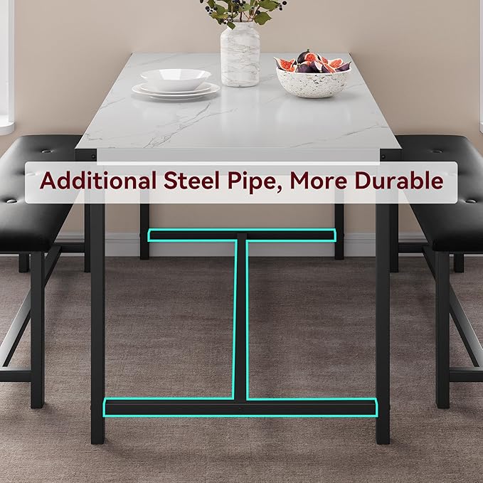 Dining Table Set for 4, Kitchen Table with 2 Upholstered Benches, 3-Piece Dining Room Set for Kitchen, Apartment and Small Spaces, Marble White