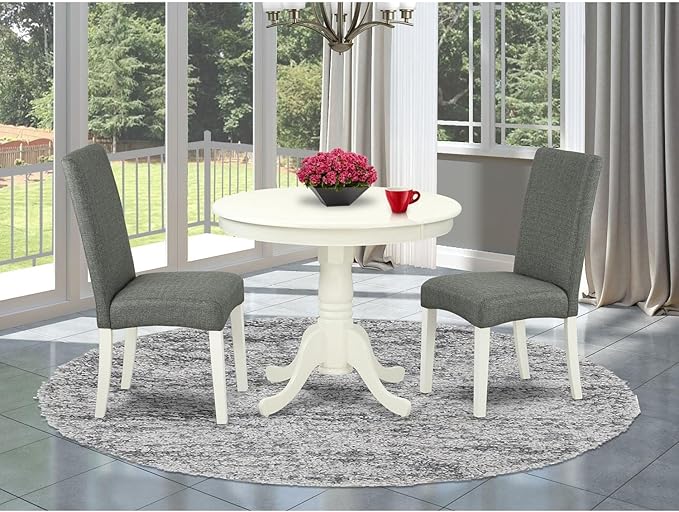 East West Furniture ANDR3-LWH-07 3 Piece Modern Dining Table Set Contains a Round Kitchen Table with Pedestal and 2 Gray Linen Fabric Parsons Dining Chairs, 36x36 Inch, Linen White