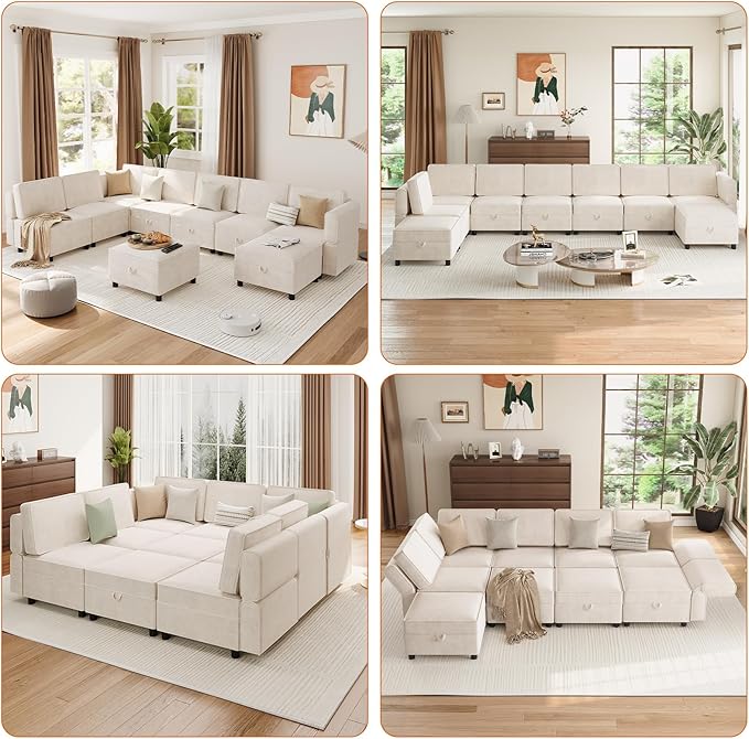 Modular Sectional 9-Seat Sofa, L Shaped Sectional Couch with Removable Storage Ottoman, Convertible Sleeper Sofa Suitable for Living Room, Bedroom, and Apartments, Beige