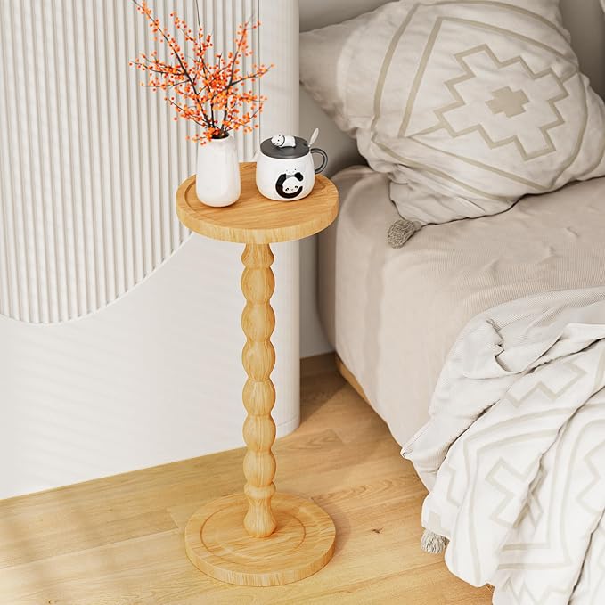 Solid Wood Drink Table, Rubber Wood Small Round Side Table for Small Spaces, Martini Tables, Pedestal End Tables for Living Room, Bedroom, Corners, and Office (Natural, 9.4 inch)