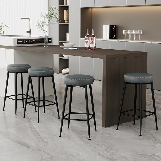 Counter Height Bar Stools, 26" H Backless Bar Stools Set of 8, Upholstered Faux Leather Kitchen Counter Stools, Mid Century Modern, Kitchen Island Home Bar, Pub, Black Blue