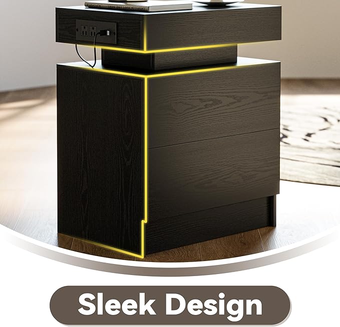 LIKIMIO Night Stand Set of 2, Modern Black Nightstand with with Charging Station, Bedside Tables with LED Light and Drawers, End Table for Bedroom
