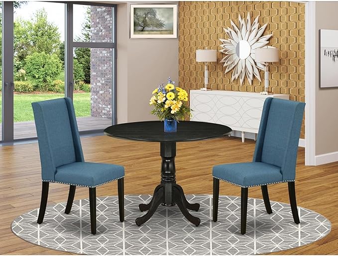 East West Furniture DLFL3-BLK-21 3 Piece Kitchen Table Set Contains a Round Dining Room Table with Dropleaf and 2 Blue Linen Fabric Upholstered Chairs, 42x42 Inch, Black