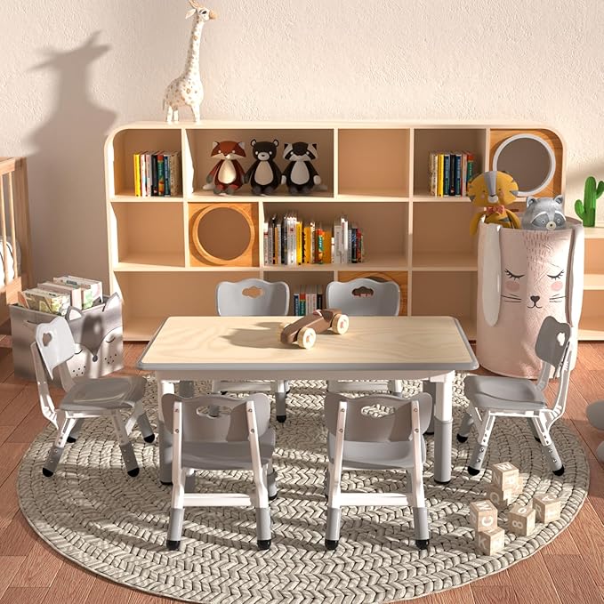 Kids Table and 6 Chairs Set,Height Adjustable Children Table & Chair,Toddlers Study Multi-Activity Table with 47.2"x23.6" Wipe-Clean Desktop,for Classrooms, Homes & Daycares
