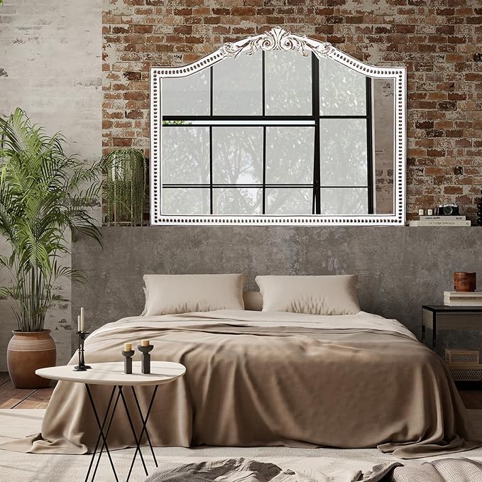 32x42 Inch Ornate Wooden Arched Wall Mirror, Rustic Farmhouse Decorative Wide Mirrors for Fireplace, Living Room, Bedroom, Entryway, Bathroom Over Sink