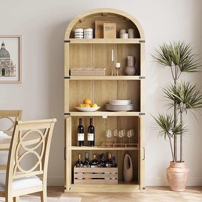 GarveeHome Bookcase with Doors Arched Bookshelf 71.65in Tall Bookcase Farmhouse Cabinet with Shelves Wooden Bookshelves for Home Office, Living Room (Light Oak)