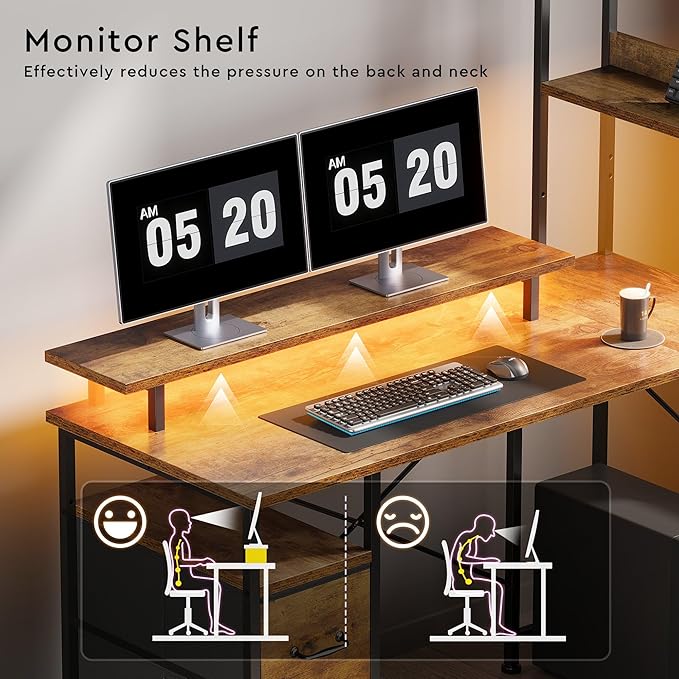 L Shaped Desk with Shelves,Reversible Computer Desk with LED Lights and Charging Station,Home Office Corner Desk with Monitor Stand,Brown2