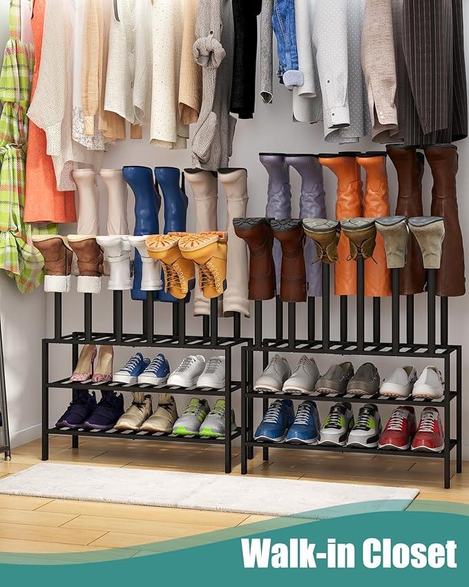 Black Boot Rack, Boot Rack Organizer Tall Boots with Shoe Rack for Closet, Bamboo Wood Shoe Shelf Storage Organizer for Entryway Small Space