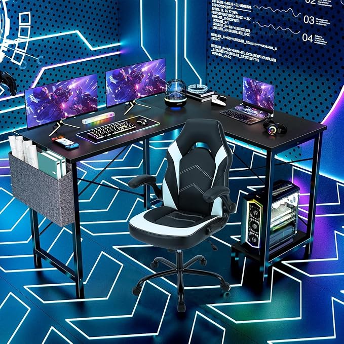 Whitmor L Shaped Gaming Desk - 50 Inch Reversible Corner Computer Desk with Wood Top, Metal Frame, CPU Stand & Side Bag, Home Office Dorm Sturdy Writing Workstation, Black