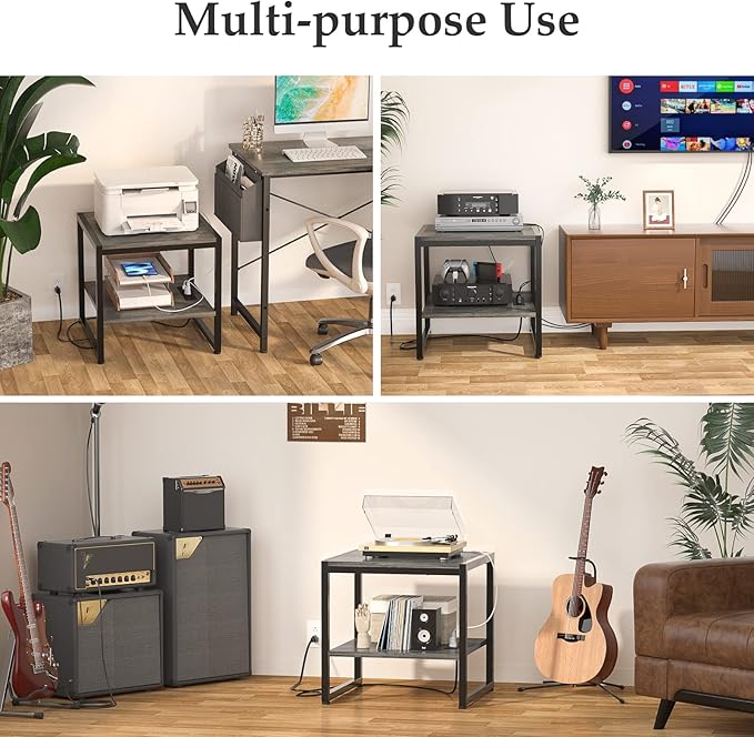 Homieasy End Table with Charging Station, 20 Inch Mini Fridge Stand with 2-Tier Open Shelf, Square Bedside Nightstand & Sofa Side Table for Small Spaces, Grey - 2 Pack