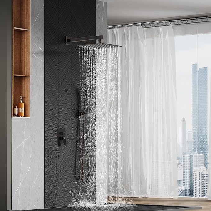 SR SUN RISE Oil Rubbed Bronze Shower System 12 Inches Brass Bathroom Luxury Rain Mixer Shower Combo Set Wall Mounted Rainfall Shower Head System Shower Faucet Rough-in Valve Body and Trim Included