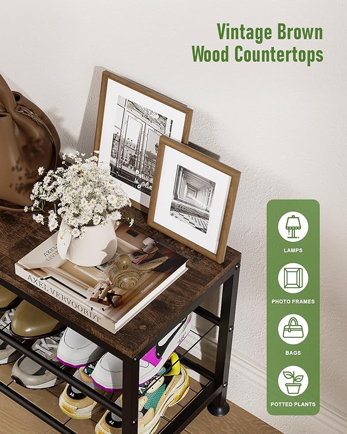 3-Tier Shoe Rack Bench - Entryway Organizer with Shoe Storage, Sturdy Shoe Shelf for Front Door, Small Space Saving Furniture, Brown, Holds 286lbs,27.2" x 12.0" x 15.9"