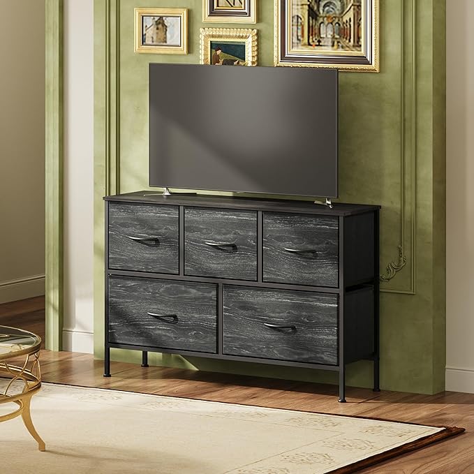 WLIVE Dresser for Bedroom with 5 Drawers, Long Storage Dresser, Fabric Dressers, Storage Drawer Unit with Fabric Bins for Closet, Hallway, Charcoal Black Wood Grain Print, Size L