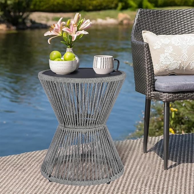 LEWIS&WAYNE Small Outdoor Side Table Patio 20’’ H Woven Rope Hourglass End Table with Glass Top Round Coffee Table for Living Room Outdoor Patio Backyard Poolside (Gray)