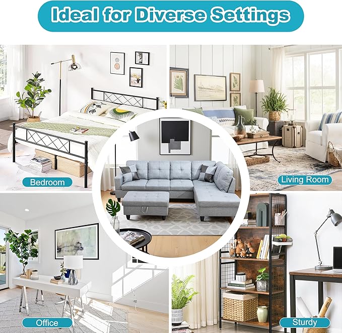 Couches for Living Room Modern L Shaped Couch Comfy Linen Fabric 3 Pieces Sectional Sofa with Chaise, Ottoman with Storage for Office and Small Apartment, Grey