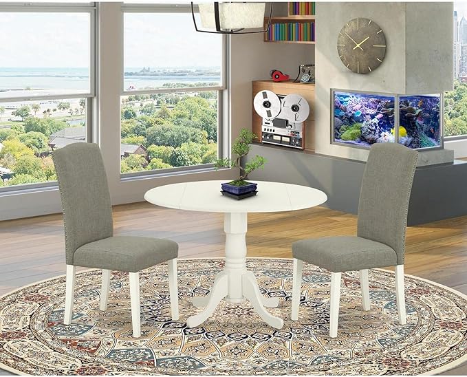 East West Furniture DLEN3-LWH-06 3 Piece Modern Dining Table Set Contains a Round Wooden Table with Dropleaf and 2 Dark Shitake Linen Fabric Parson Dining Chairs, 42x42 Inch, Linen White
