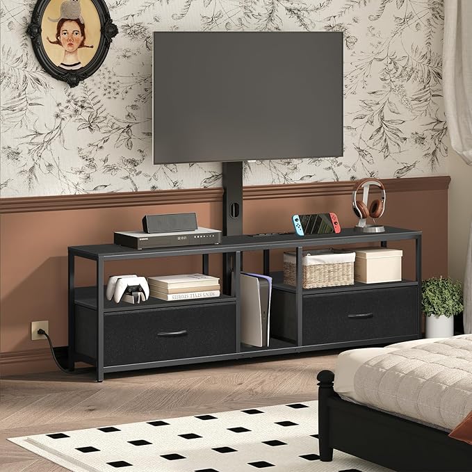TV Stand with Mount for up to 65", Entertainment Center with Switch-Controlled Charging Station, Swivel TV Stand Mount with Fabric Drawers, for Living Room, Black TVBK154E01