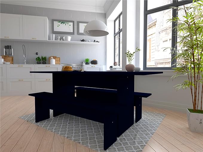 Manhattan Comfort Nomad Dining Table for 4 to 6, Modern Rustic Farmhouse Statement Furniture Piece with Protouch Wood Grain Finish, Sturdy H-Base Pedestal Design, Easy Assembly, 67.91", Midnight Blue
