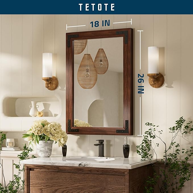 TETOTE 18 x 26 Walnut Wood Mirror for Bathroom Wall/Bedroom/Living Room/Entryway Farmhouse Rustic Bathroom Vanity Mirror for Over Sink Waterproof (Horizontal/Vertical Mounted)