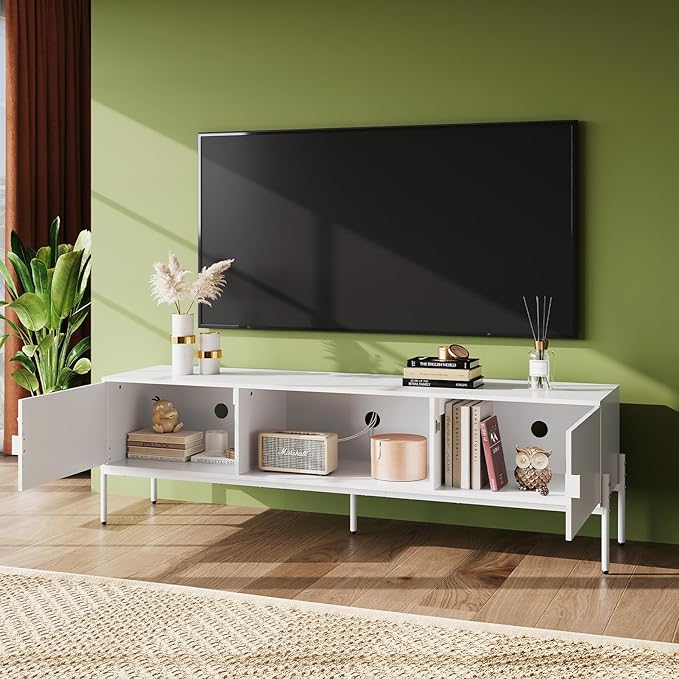 WLIVE Modern TV Stand for 65 Inch TV, Mid Century Entainment Center with Storage Cabinets, TV Console for Bedroom and Living Room, TV Cabinet with Metal Legs, White