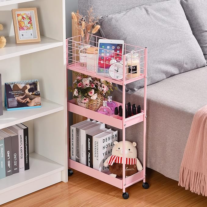 KINGRACK 3-Tier Rolling Utility Cart with Wheels, Metal Slim Storage Cart, Bathroom Multifunctional Storage Organizer, Mobile Shelving Unit for Kitchen, Office, Laundry Room, Narrow Place, Pink