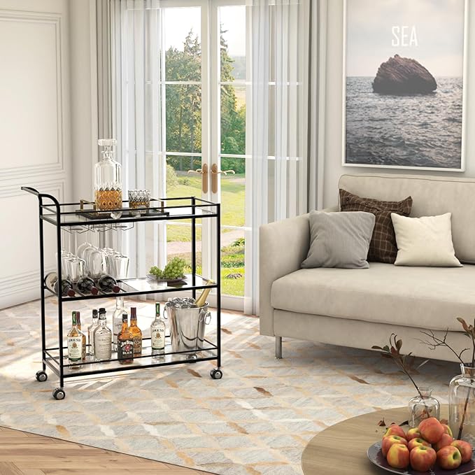 Black Bar Cart, Home Bar Serving Cart with Handle, Wine Cart with 3-Tier Glass Shelves, Beverage Cart with Wine Rack and Glass Holder, Bar Carts for The Home, Dining Room, Living Room