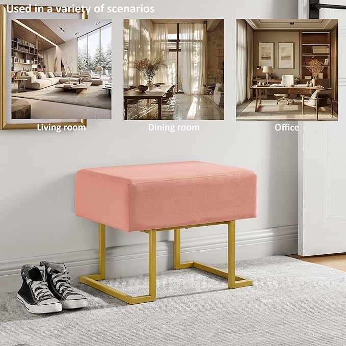 Modern Style Bedroom Single Seat Bench, Cushioned Bed end Stool, Living Room Sofa Stool, Footstool with Golden Iron Legs, Suitable for Bedroom and Living Room (Pink, 21.65"x15.74"X16.53")