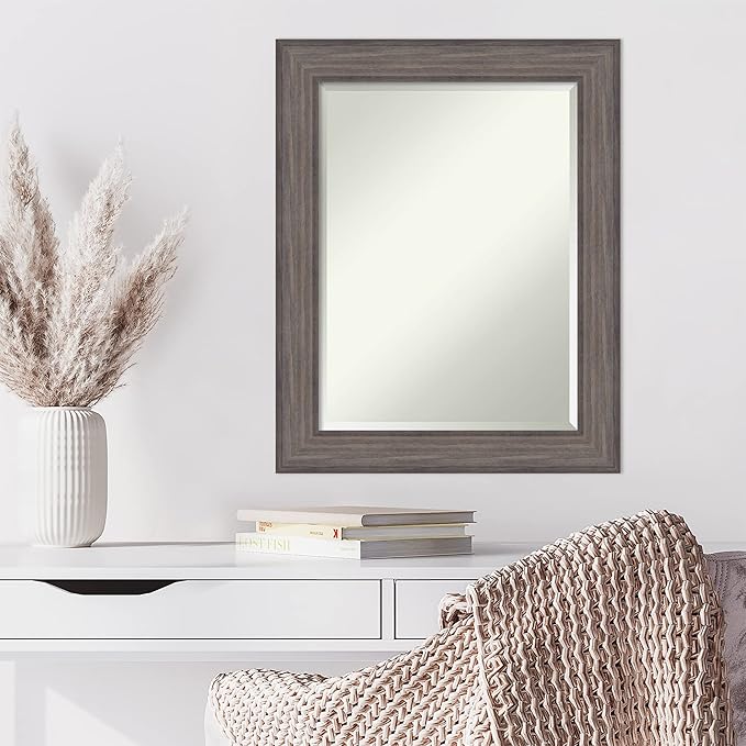 Amanti Art Grey Wall Mirror 29x23 Country Barnwood Rectangle Bathroom Mirror for Wall Decor Living Room, Medium Rustic Farmhouse Wood Frame, Hangs Horizonally and Vertically, Bathroom Decor, Beveled